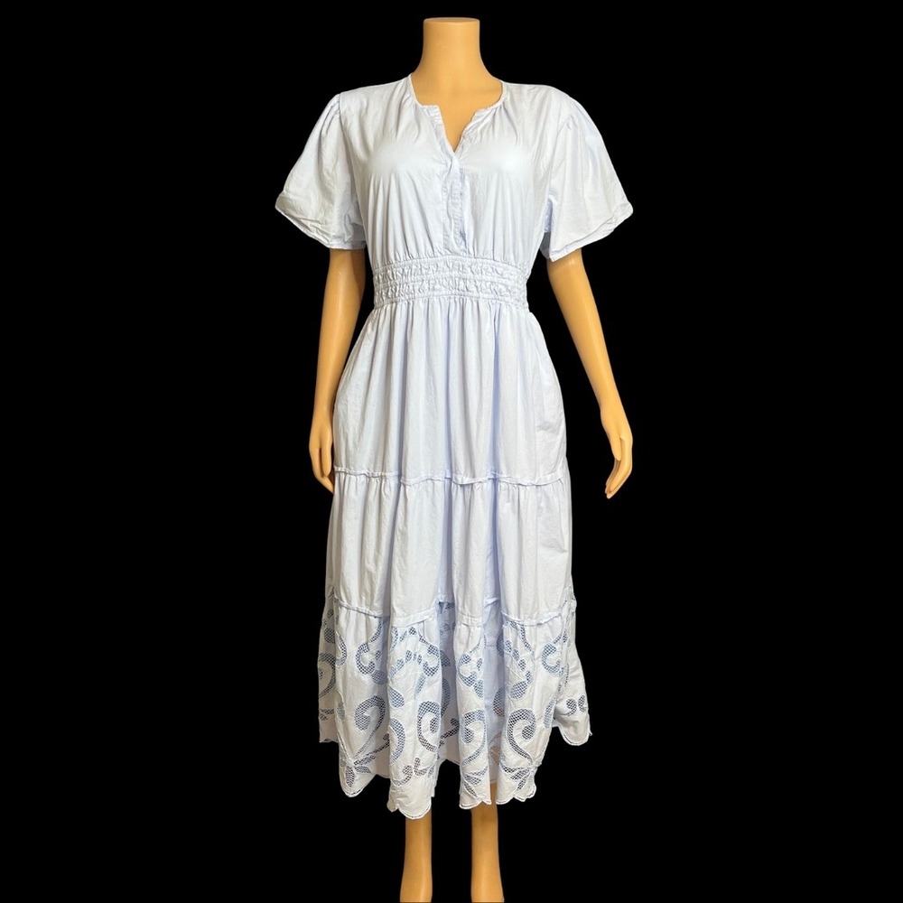 Haute Hippie Cottage Blue Tiered Midi Dress Smocked Waist Scalloped Hem XL